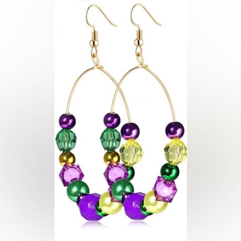 Mardi Gras Purple Green and Goldtone Beaded Hoop Dangle Earrings - New
